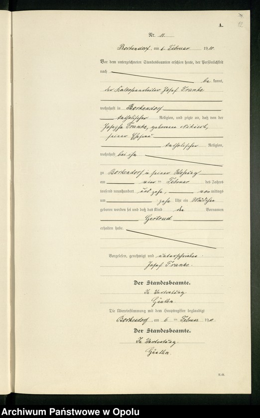 image.from.unit.number "Geburts-Register (Neben-Register) Standesamt Borkendorf 1910 No. 1 bis 60."