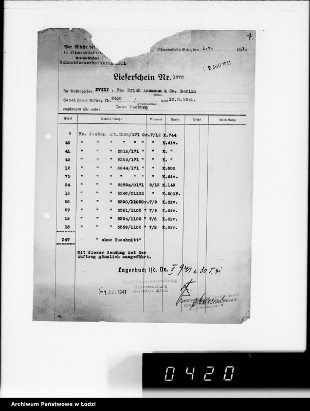 Obraz 11 z jednostki "[Dowody dostawy odzieży dla firmy dla Asmann u.Co.Berlin"