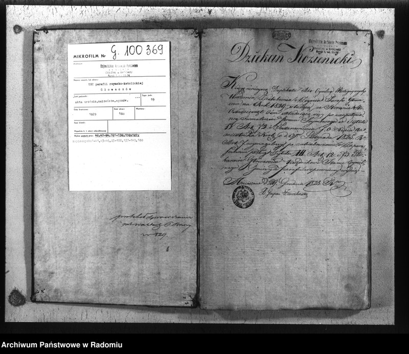 image.from.unit.number "Dupplikat metryk religijno - cywilnych kościoła Głowaczewskiego na Rok Pański 1829"