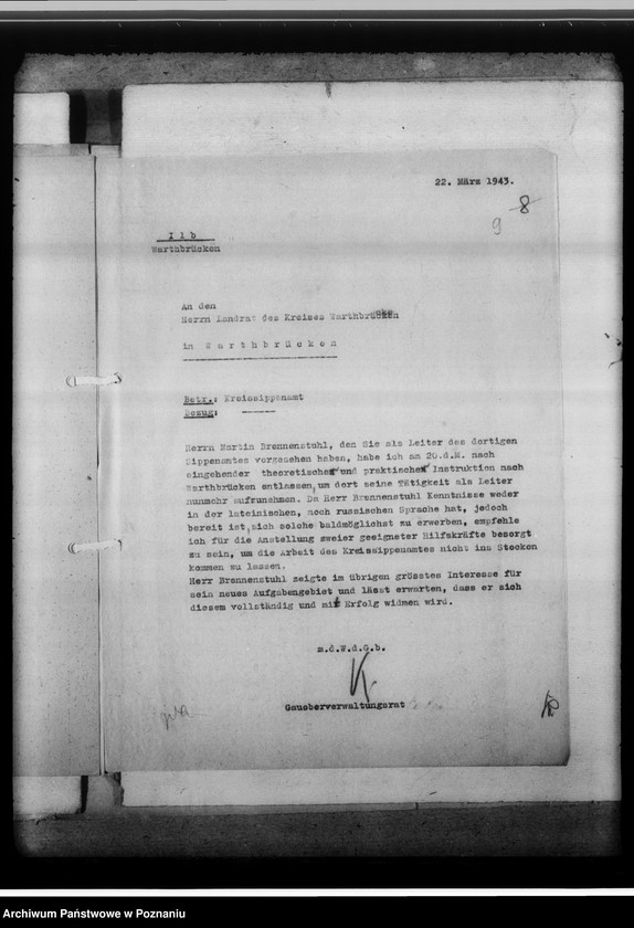 Obraz 13 z jednostki "[Korespondencja w sprawach organizacyjnych, sprawozdanie z działalności], Kreissippenamt Warthbrücken [Koło]"