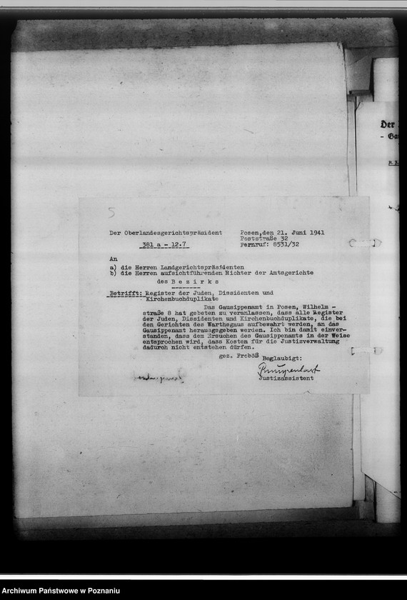 Obraz 9 z jednostki "Einziehung von Zweitbüchern. Schriftwechsel mit dem O.L.G und andere [korespondencja z władzami sądowymi w Poznaniu, spis sądów w okręgu poznańskim od 1941 roku]"
