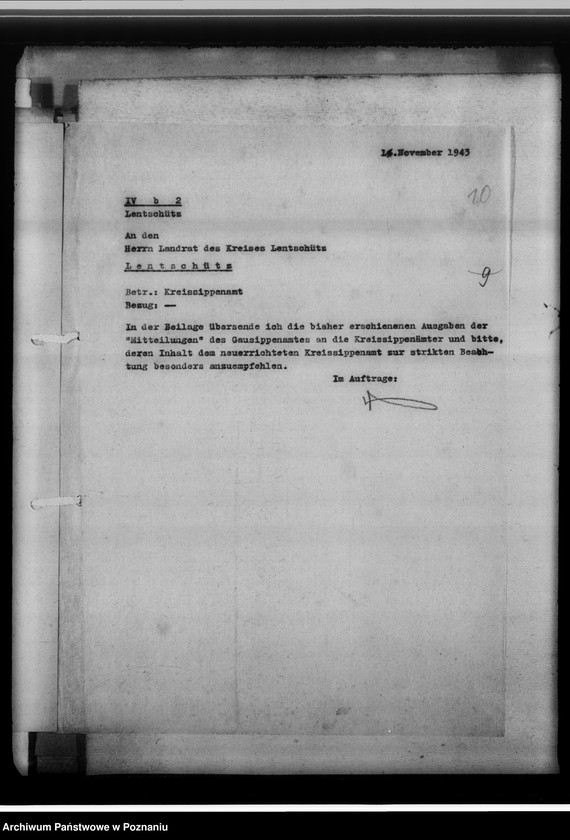 Obraz 14 z jednostki "[Korespondencja w sprawach organizacyjnych, sprawozdanie z działalności, Kreissippenamt Lentschütz Łęczyca, województwo łódzkie]"