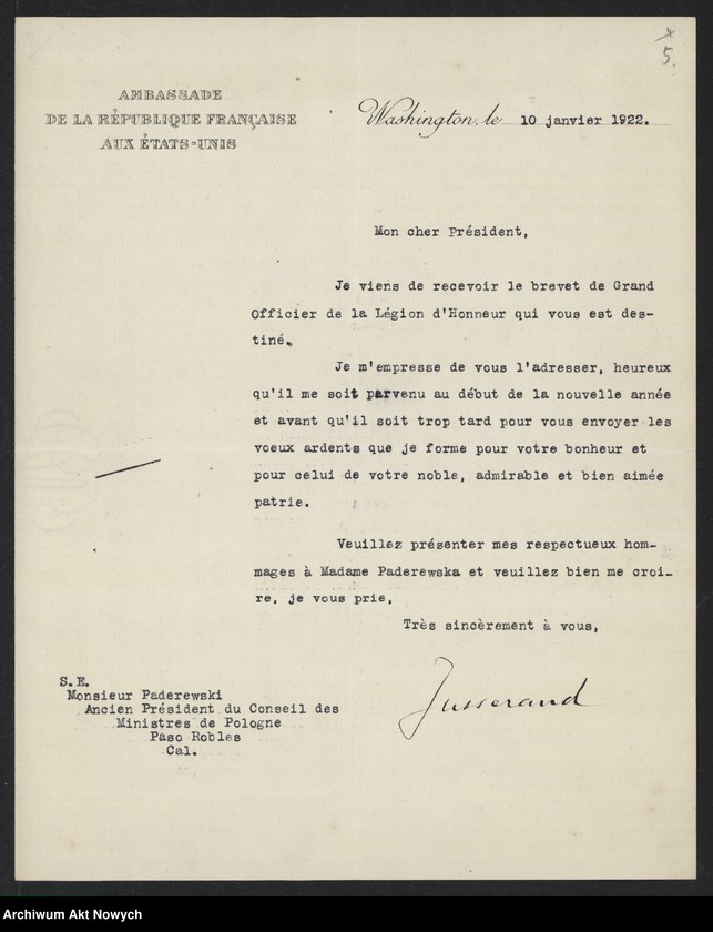 Obraz 7 z jednostki "Jusserand Jean Jules (historyk, dyplomata); Załączniki: charakterystyki i życiorysy F. E. Fronczaka, T. A. Starzyńskiego, J. F. Smulskiego, K. Żychlińskiego, N. L. Piotrowskiego; L.6 (odpowiedzi - maszynopisy)"