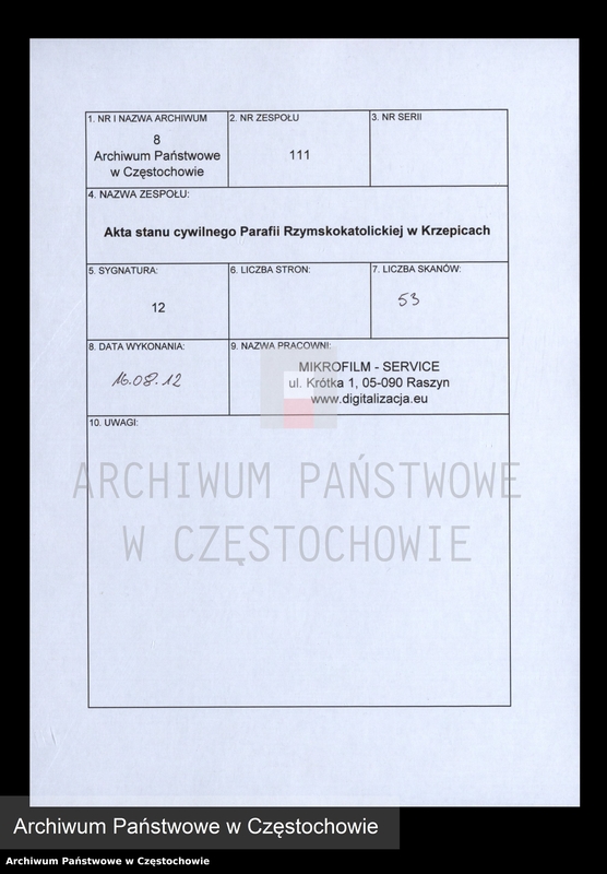 Obraz 1 z jednostki "Księga [akt] zejścia gminy Krzepickiej na rok 1816"