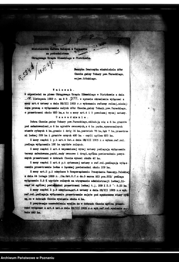 Obraz 7 z jednostki "Wyłączenie z art. 4 i 5 ustawy z dnia 28.12.1925 r. o wykonaniu reformy rolnej majątku Chocim powiatu tureckiego"