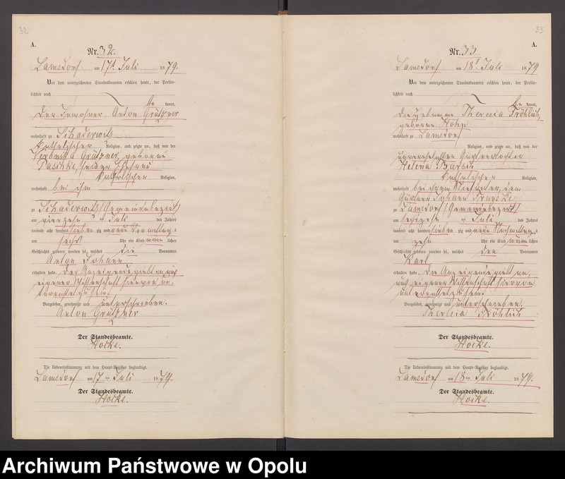 image.from.unit.number "Geburts-Neben-Register des Standesamts Lamsdorf No 15 pro 1879"