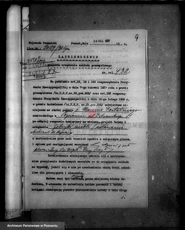 image.from.unit.number "Zatwierdzenie projektu zakładu przemysłowego /fabryki mebli/ nr 432 własność M. Dostatniego w Poznaniu"