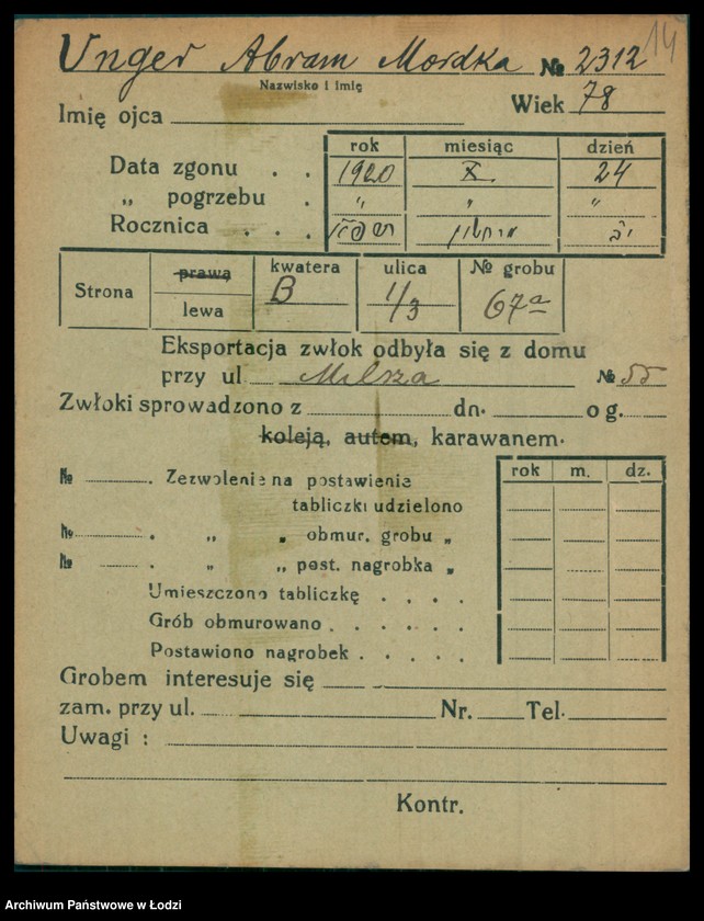 Obraz 15 z jednostki "Kartoteka osób pochowanych na cmentarzu żydowskim przy ulicy Brackiej w latach 1892-1944. Nazwiska na literę U"