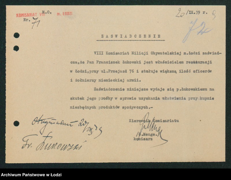 Obraz 11 z jednostki "[Akta VIII Komisariatu Milicji Obywatelskiej - różne zaświadczenia, wezwania, pokwitowania i przepustki]"