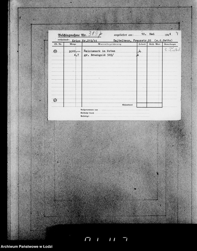 Obraz 8 z jednostki "Kripo.Unterlagen 3000-3200.[Dokumenty konfiskaty majątku ruchomego u Żydów]"