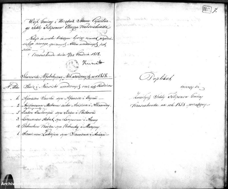 image.from.unit.number "Duplikat Zaślubionych, Urodzonych i Zmarłych Sekty Filiponów Gminy Krasnohruda na Rok 1858 sporządzony"