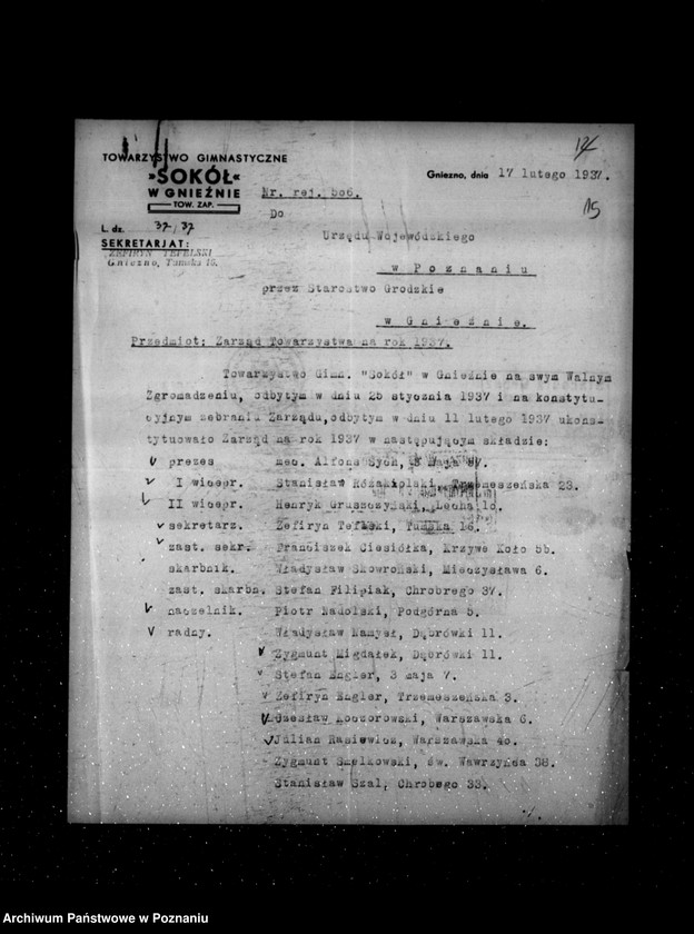 Obraz 20 z jednostki "/Towarzystwo Gimnastyczne Sokół w Gnieźnie - rejestracja/"
