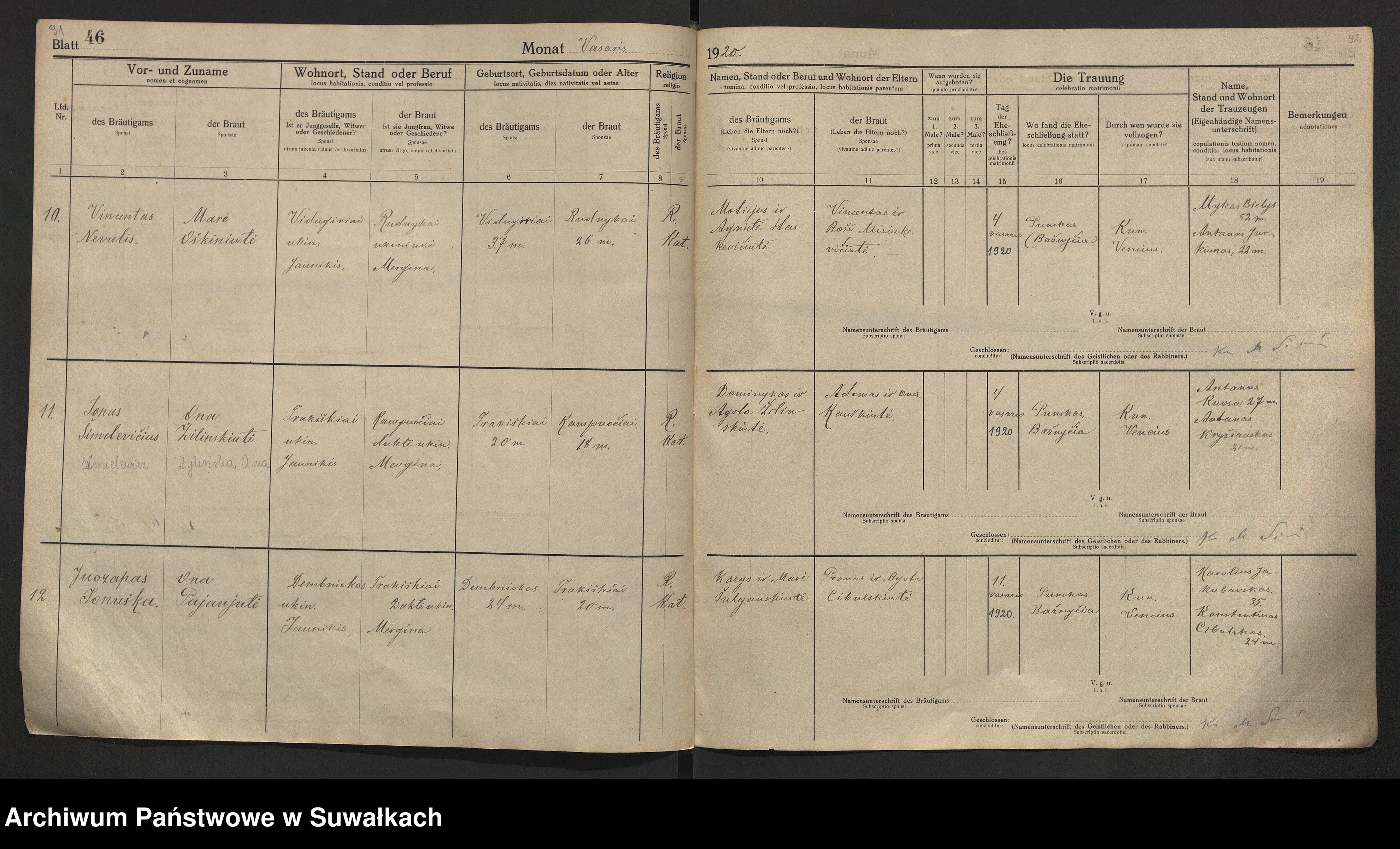 Skan z jednostki: [Księga akt małżeństw parafii rzymskokatolickiej w Puńsku z lat 1918-1921]