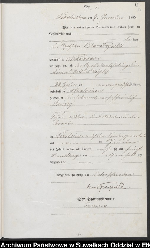 image.from.unit.number "Sterbe-Haupt-Register des Königlich Preussischen Standes-Amtes Forstrevier Nicolaiken Kreis Sensburg für das Jahr 1885[do 1887]"