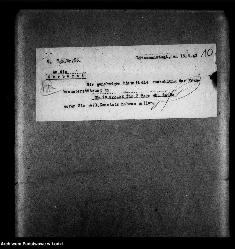 Obraz 13 z jednostki "Gerberei Abteilung [Zasiłki chorobowe dla pracowników wydziału, zaświadczenia lekarskie, listy pracowników]"