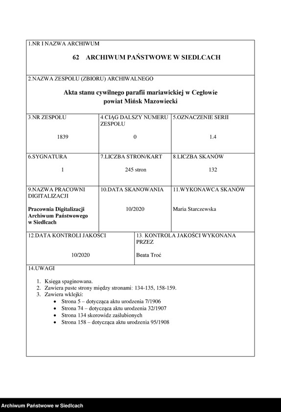 Obraz 1 z jednostki "[Akta urodzeń, małżeństw, zgonów] [zawiera akta urodzeń 1906, 1907, akta małżeństw 1906, 1907, akta zgonów 1906-1909]"