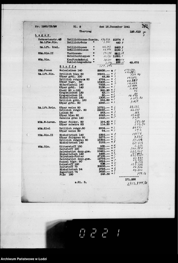 Obraz 9 z jednostki "Korrespondenz betr.Versicherung der im Getto zur Konfektionierung umlaufenden Wehrmachtsuniformen und Aufstellung über ausgeführte Transporte."
