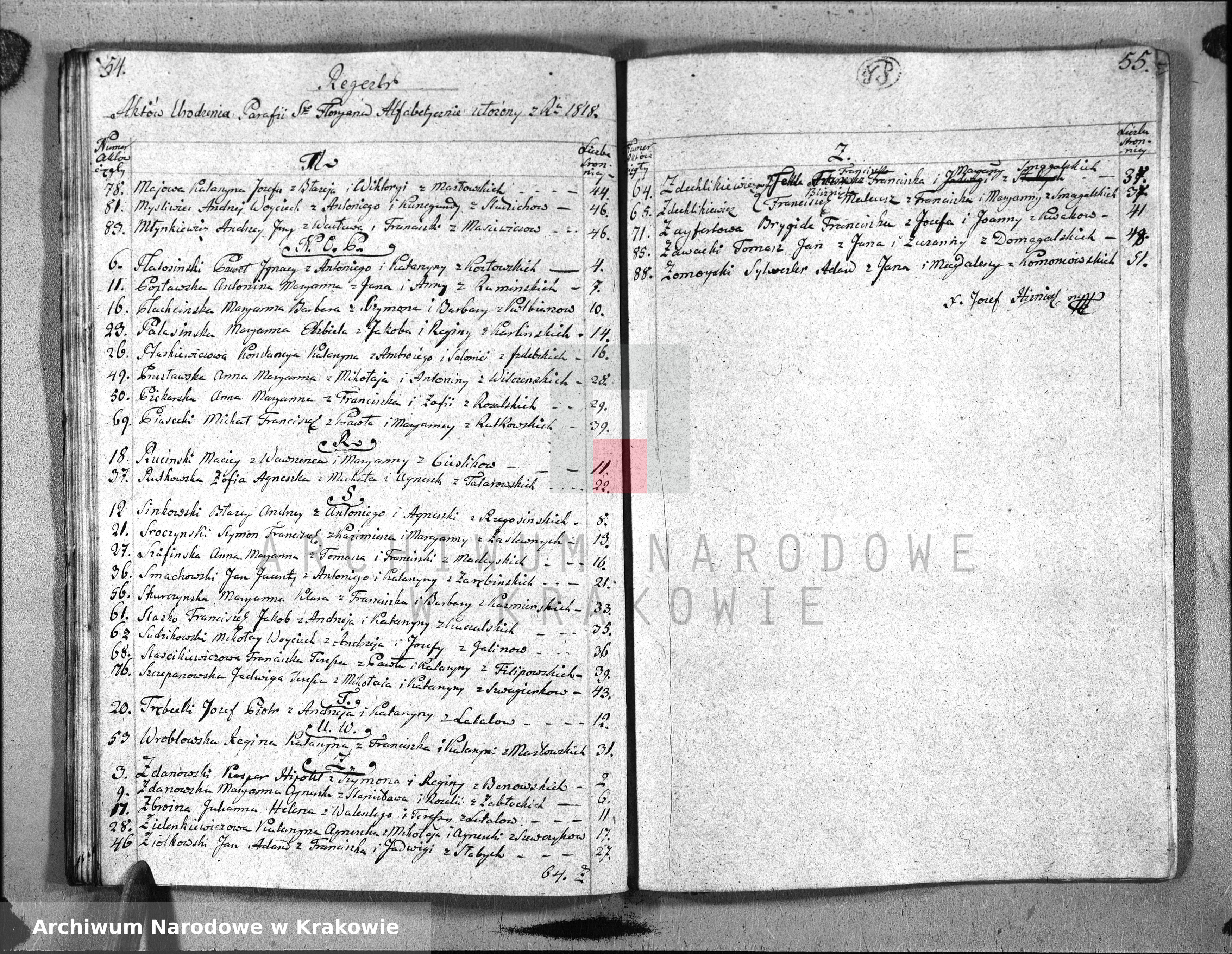 Skan z jednostki: Księga Aktów Urodzenia dla Parafii Sgo Floryana przy Krakowie na Rok 1818. II