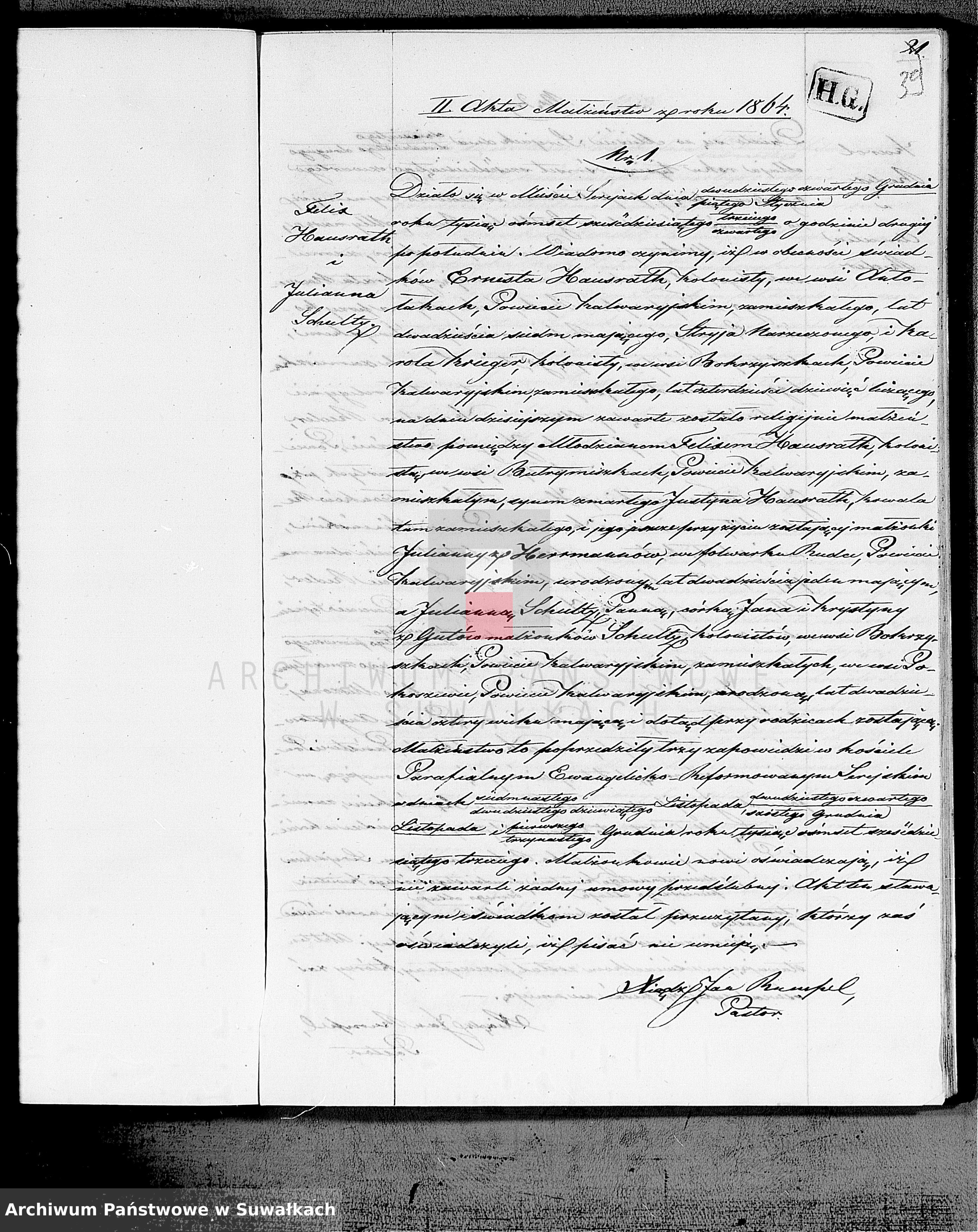 Skan z jednostki: Duplikat aktów Stanu Cywilnego urodzeń, małżeństw i zejść Parafii Ewangelicko-Reformowanej Serejskiej na rok 1864