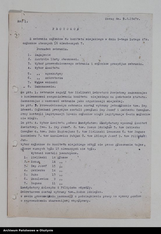 image.from.unit.number "Komitet Miejski Polskiej Parii Robotniczej w Mrągowie: protokoły z posiedzeń, zebrań aktywu miejskiego, sprawozdania. Protokoły z zebrań Kół miejskich PPR miasta Mrągowa: Państwowa Centrala Handlowa, KP PPR Milicji Obywatelskiej, "Odbudowa", Odlewnia Warsztatów Mechanicznych, Państwowa Fabryka Wyrobów Drzewnych, Powiatowy Urząd Bezpieczeństwa Publicznego, Samopomoc Chłopska"
