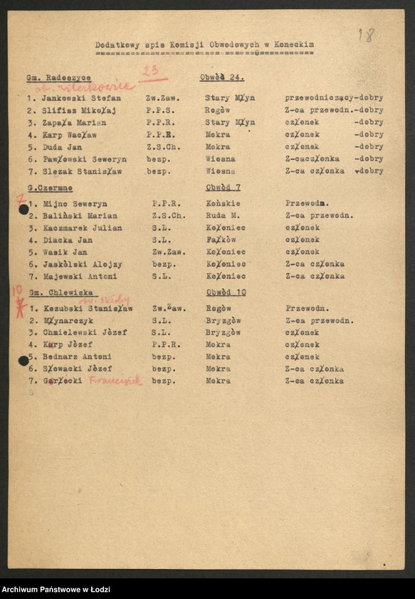 Obraz 19 z jednostki "Wybory do Sejmu okręg X powiat Końskie [- wykazy uprawnionych do głosowania, trójek partyjnych, składy Obwodowych Komisji Wyborczych ]"