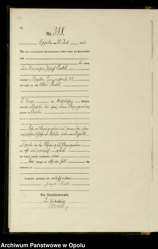 Obraz 13 z jednostki "Urząd Stanu Cywilnego w Opolu 1902 Rejestr zgonów Księga Miejscowa Nr 378 do 633"