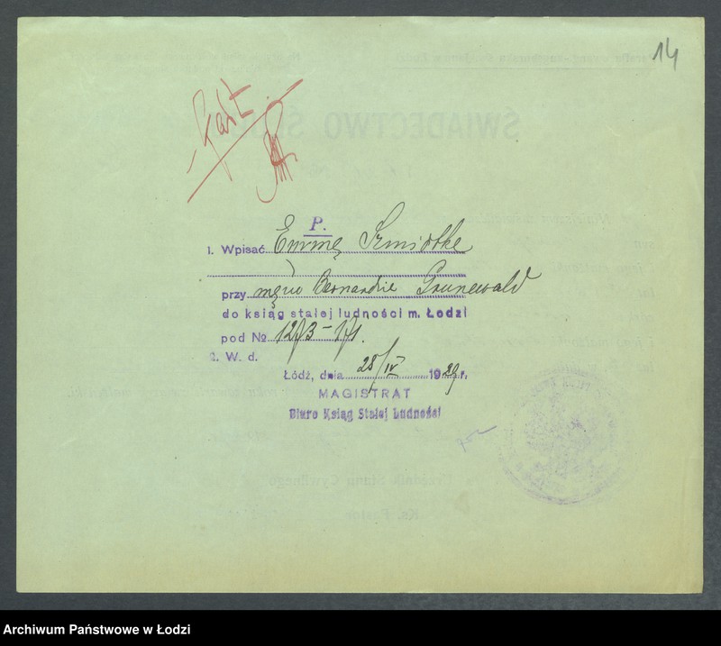 Obraz 17 z jednostki "Dowody metrykalne stałych mieszkańców m. Łodzi nr domu 1273-1274"