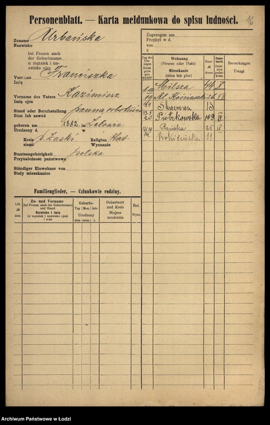 Obraz 18 z jednostki "[Spis ludności Łodzi] Urbańska - Użniak"
