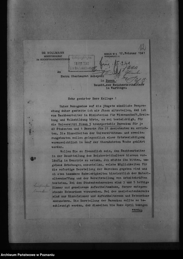 Obraz 16 z jednostki "Bauarbeiten für die Reichsuniversitât Posen"