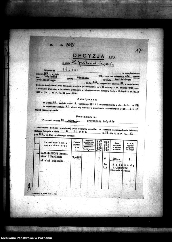 Obraz 20 z jednostki "Sprawa przyznania pomocy kredytowej uczestnikom scalenia gruntów wsi Świętniki powiatu konińskiego"