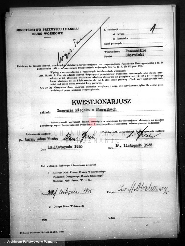 Obraz 5 z jednostki "Kwestionariusz Gazowni Miejskiej w Obornikach"