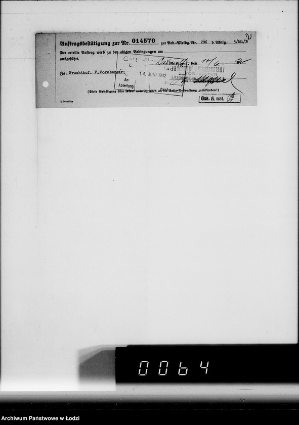 Obraz 6 z jednostki "Aufträge, Lieferscheinen und Rechnungen 14501-14570. [Zlecenia na produkty dla Getta. Rachunki, kwity przewozowe, korespondencja]"