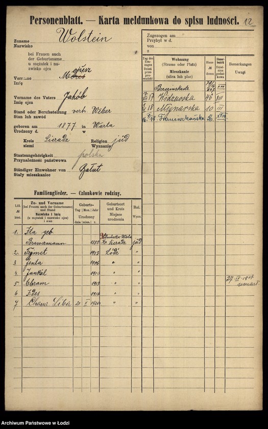 Obraz 14 z jednostki "[Spis ludności Łodzi] Wolsztajn - Wołoszyński"