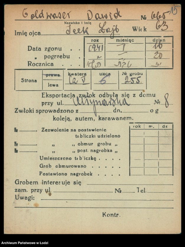 Obraz 16 z jednostki "Kartoteka osób pochowanych na cmentarzu żydowskim przy ulicy Brackiej w latach 1892-1959. Nazwiska na litery: Goldw-Gö"
