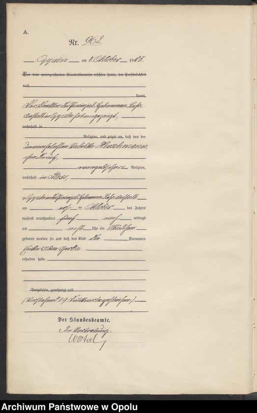 Obraz 10 z jednostki "Urząd Stanu Cywilnego w Opolu 1905 Rejestr Urodzeń miejscowa Nr 958 do 1287"