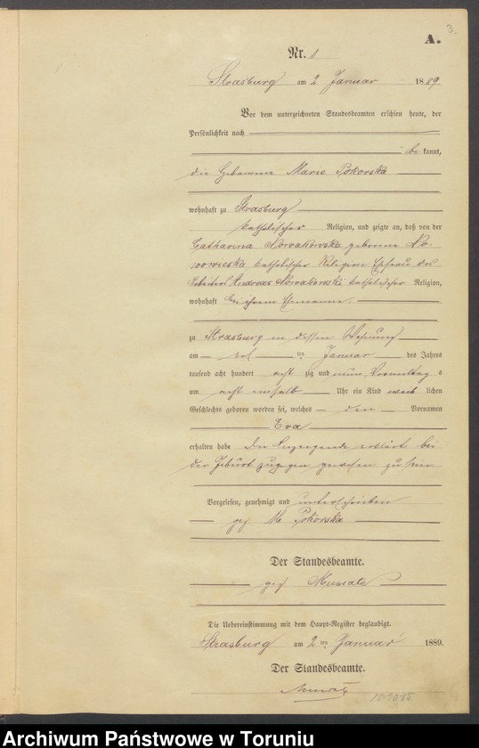 image.from.unit.number "Geburts-Neben-Register Strasburg W/Pr. für das Jahr 1889"
