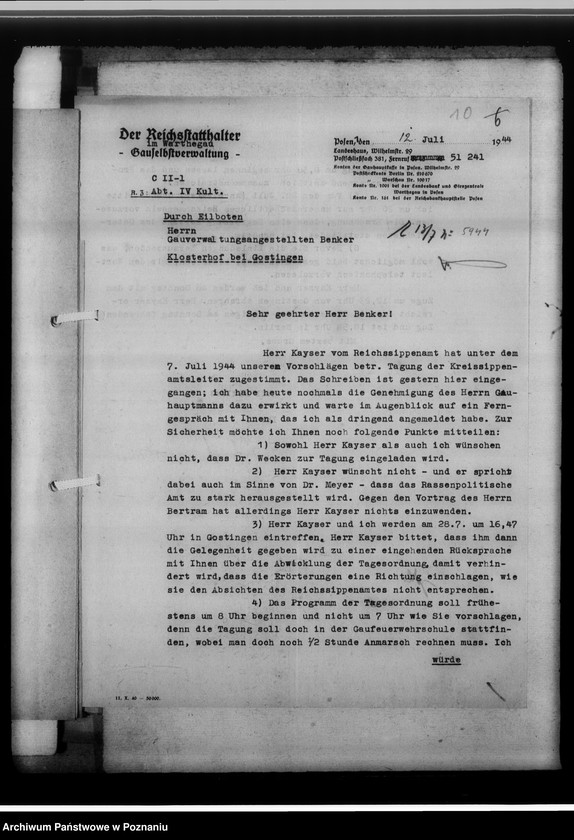 Obraz 14 z jednostki "Arbeitsbesprechung der Sippenamtsleiter in Gostingen [Gostyń, porządek obrad i sprawozdanie z zebrania kierowników powiatowych urzędów do spraw genealogicznych z terenu województwa poznańskiego]"