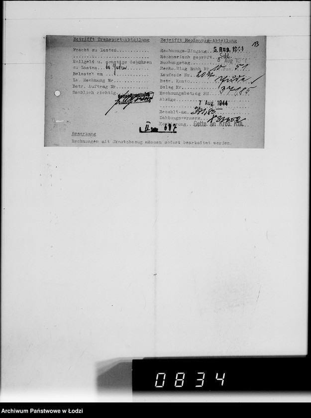 Obraz 17 z jednostki "Adolf Hildebrandt [rachunki za usługi transportowe dla Getta]"