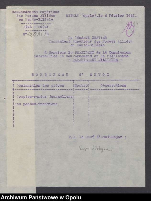 Obraz 16 z jednostki "Sorties /Korespondencja własna wychodząca - pisma, zarządzenia/ 1.02.1921 - 14.04.1921"