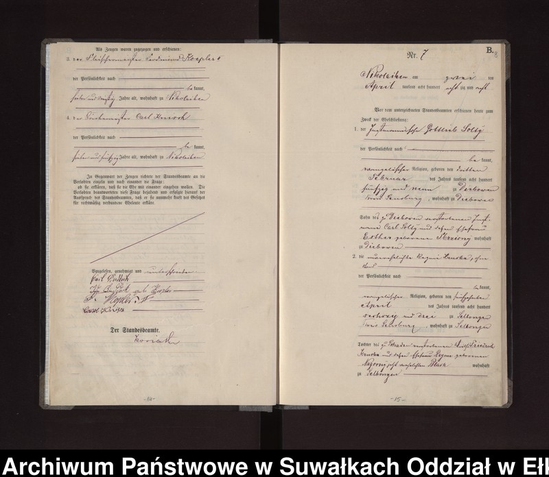 Obraz 11 z jednostki "Heiraths-Haupt-Register des Königlichen Preussischen Standes-Amtes /Stadt/ Nikolaiken Kreis Sensburg für das Jahr 1887 Nikolaiken Kreis Sensburg für das Jahr 1888"