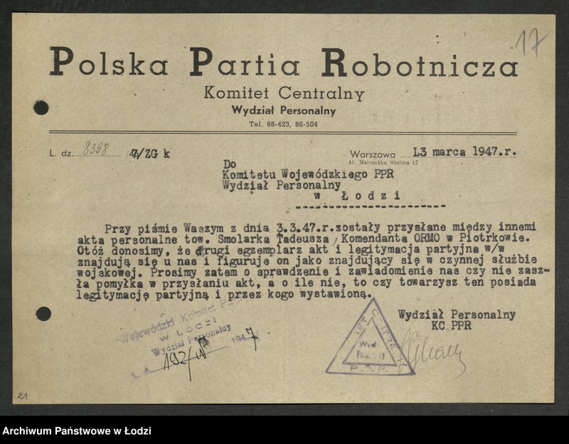 Obraz 18 z jednostki "Korespondencja [z Wydziałem Personalnym Komitetu Centralnego]"