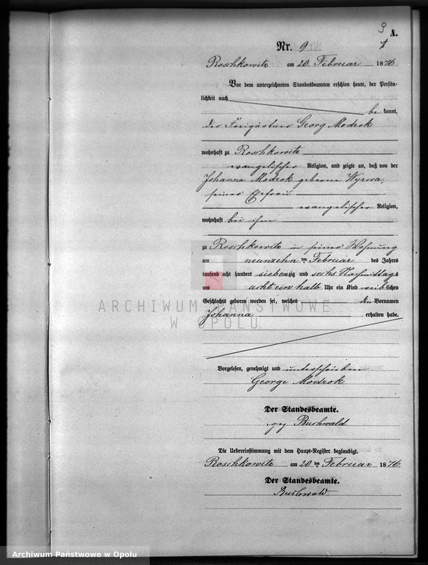 image.from.unit.number "Geburts-Neben-Register Standesamts Roschkowitz pro 1876"