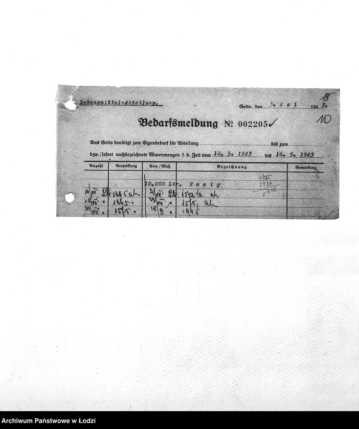 Obraz 13 z jednostki "Bedarfsmeldungen [Zapotrzebowania na żywność]"