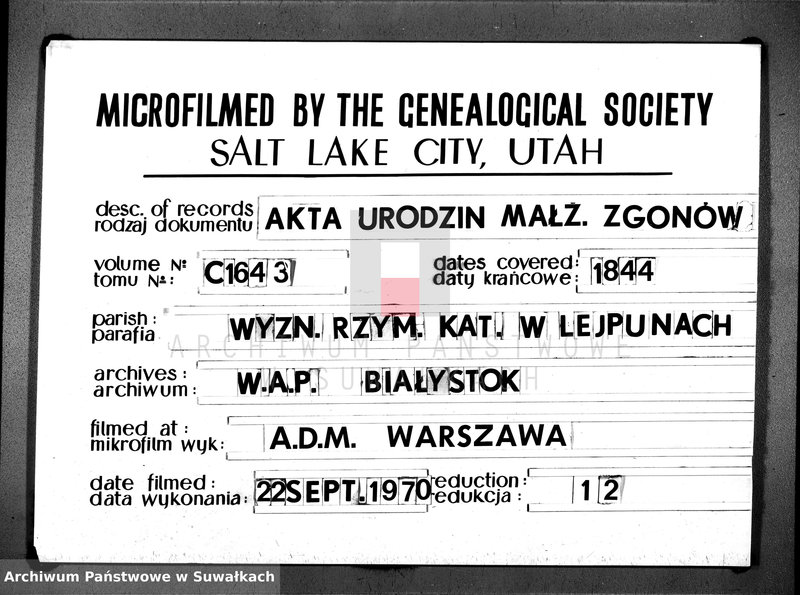 Obraz 1 z jednostki "Księga Duplikat Urodzonych, Zaślubionych i Zmarłych na Rok Tysiąc osiemset czterdziesty czwarty Parafij Leypuńskiej 1844"