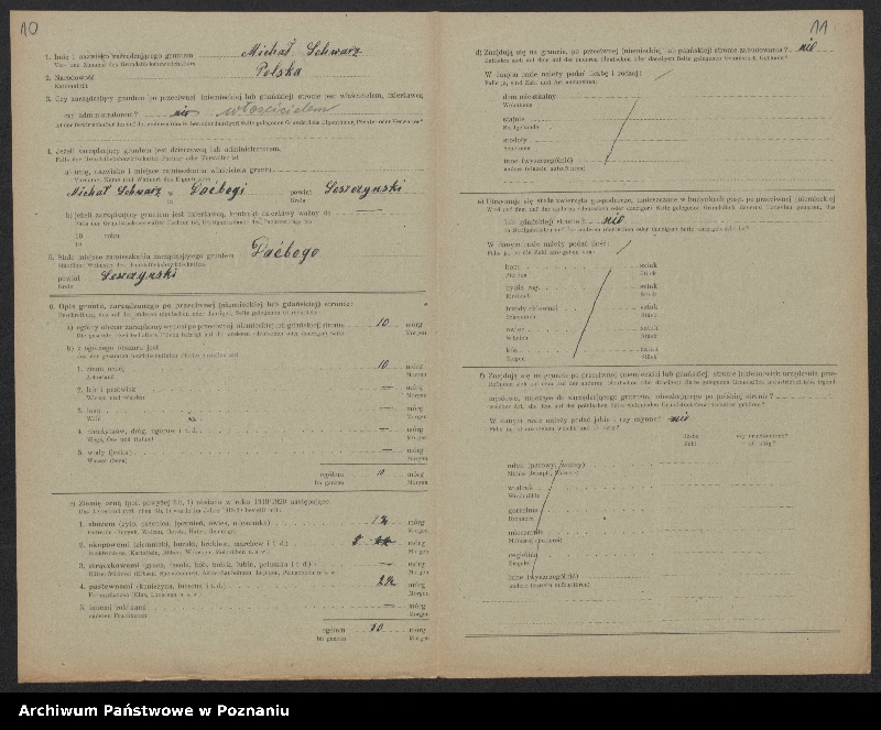 Obraz 10 z jednostki "[Kwestionariusze dotyczące stwierdzenia gruntów znajdujących się po niemieckiej stronie pogranicza a zarządzanych przez zamieszkałych po stronie polskiej] powiat leszczyński"