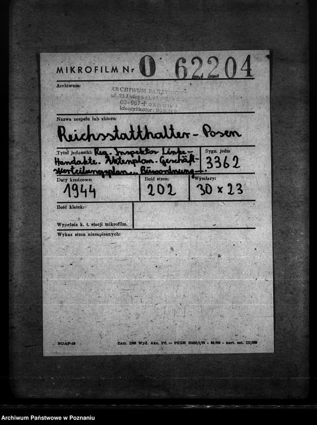 Obraz 2 z jednostki "Reg. Inspektor Linke - Handakte. Aktenplan."