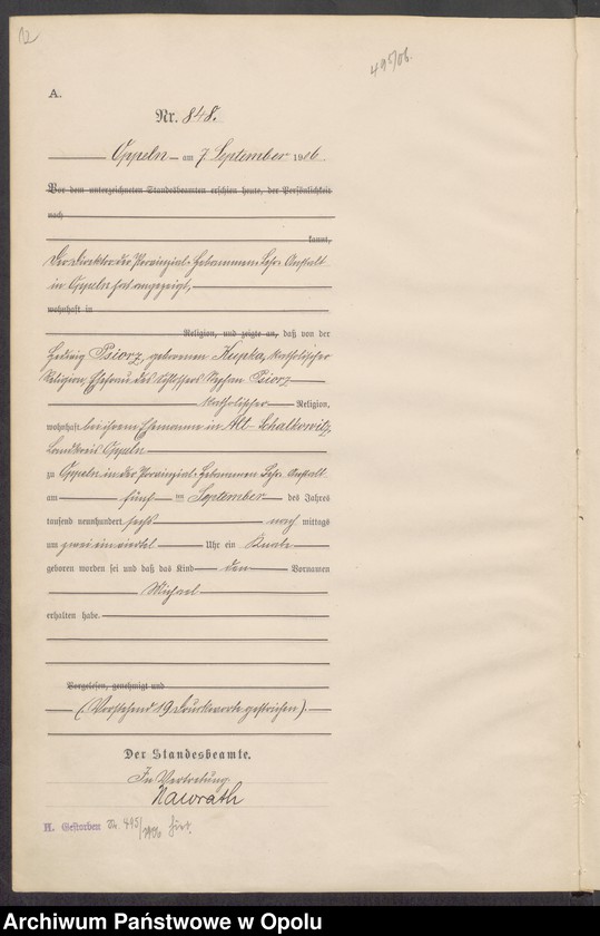 Obraz 16 z jednostki "Urząd Stanu Cywilnego w Opolu 1906 Rejestr Urodzeń miejscowa Nr 838 do 1264"