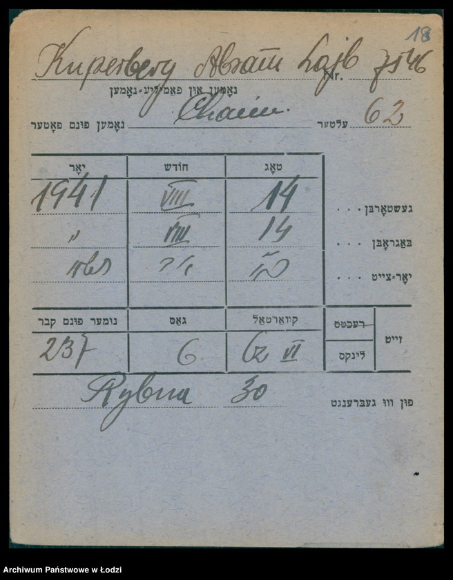 Obraz 19 z jednostki "Kartoteka osób pochowanych na cmentarzu żydowskim przy ulicy Brackiej w latach 1892-1956. Nazwiska na litery: Kup-Kz"