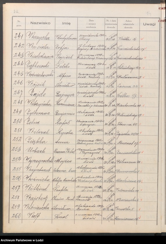 Obraz 16 z jednostki "Ewidencja dowodów osobistych wydanych przez Zarząd Miejski w Łodzi, zespół nr 8 [- nazwiska na litery] U, W, Z, Ż"
