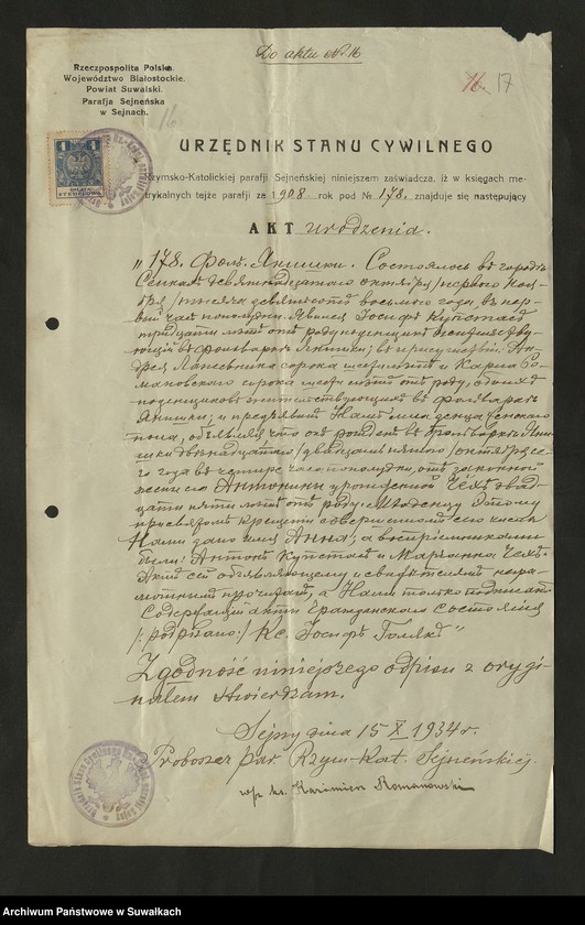 image.from.unit.number "Dokumenty do aktów zaślubionych Rzymsko Katolickiej parafji Smolanskiej za rok 1934"